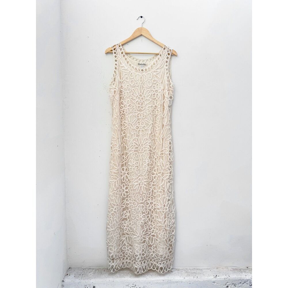 Vintage Soulmates XL 100% Silk Beaded Crochet Lace Maxi Dress Ivory